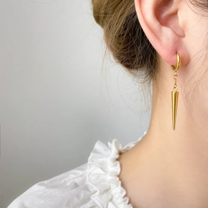 Detail of 18K gold plated teardrop cone earrings on model with high mirror finish