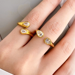 18K gold-plated titanium steel snake ring set with dual pear-cut zircon gemstones
