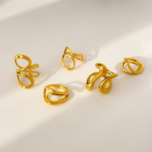 Set of five minimalist 18K gold plated stainless steel curved and wavy open rings