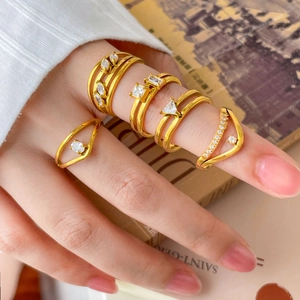 Bagues Double Couche Zircon Géométrique Triangle Feuille Carré Acier Titane Plaqué Or 18K Bijoux Mode Élégants Femmes
