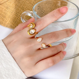 Close-up of 18K gold-plated teardrop zircon rings worn on hand for lifestyle display