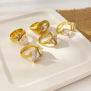 Set of five 18K gold plated stainless steel rings with large zircon gemstone shapes