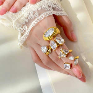 Elegant Ring For Women 18K Gold Plated Titanium Steel With Large Cubic Zirconia Heart Pear Oval Square Shapes Chic Jewelry