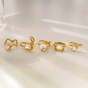 Geometric Stainless Steel Ring Cubic Zirconia Emerald Cut Teardrop Shape 18K Gold Plated Minimalist Jewelry For Women