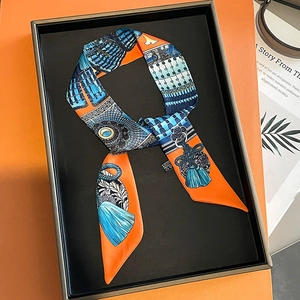 Orange and blue silk scarf for handbag handle with luxury gift box and vintage pattern