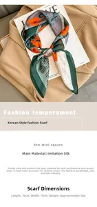 Detailed view of 70x70cm orange floral silk scarf on a khaki blazer with magazines