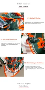 Detailed close-up of dark green floral silk scarf with orange poppy print and rolled edges