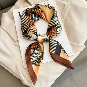 Elegant Houndstooth And Maple Leaf Print Square Scarf Imitation Satin Polyester Satin Neck Wrap Hair Band For Women