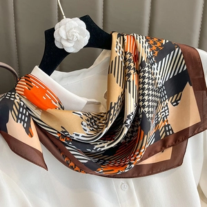Fashionable houndstooth faux silk square scarf with orange geometric color blocking