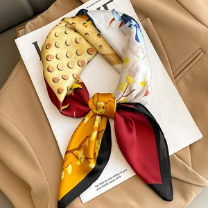 Elegant ginkgo and bird print satin square scarf for women with vintage retro pattern