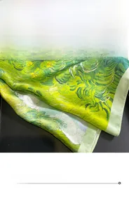 Detailed view of the fine green stitching on the edge of the silk van Gogh oil painting scarf