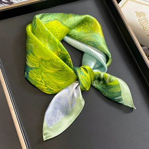 Satin Square Scarf Mulberry Satin Neckerchief Oil Painting Style Van Gogh Print Fashionable Artistic Accessory For Women
