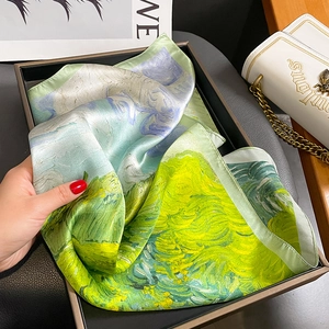 Artistic oil painting style silk square scarf with vibrant green and blue impressionist print