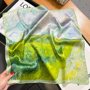 Silk square scarf with Van Gogh oil painting print featuring green meadows and sky