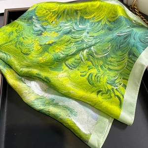 Detail of silk square scarf featuring Impressionist oil painting pattern and rolled edges