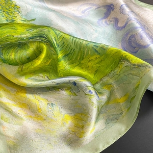 Artistic oil painting silk scarf with Van Gogh style floral pattern and glossy texture
