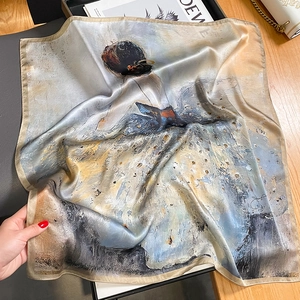 Artistic oil painting style silk scarf with elegant female figure print for women