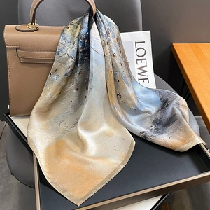 Mulberry Satin Square Scarf Abstract Oil Painting Print Satin Neck Wrap For Women Luxury Fashion Accessory