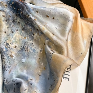 Abstract silk square scarf featuring artistic blue and gold oil painting style prints