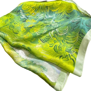 Van Gogh oil painting style silk square scarf for women in bright green and yellow