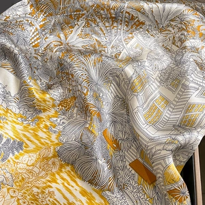Silk square scarf featuring tropical jungle botanical prints and classical architecture