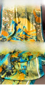 Detail showing high-quality lockrand stitching and Chinese landscape print on silk scarf