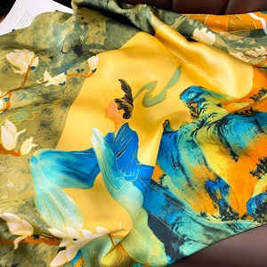 Detailed texture of Chinese style silk shawl with traditional mountain landscape pattern