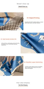 Detail view of equestrian horse print and houndstooth pattern on silk feeling scarf