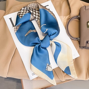 Fashion Square Scarf Faux Satin Equestrian Horse Print Houndstooth Elegant Neckerchief Hair Band Head Wrap For Women