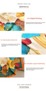 Détail du motif de feuilles de ginkgo imprimé sur un foulard en soie aux bords soignés
