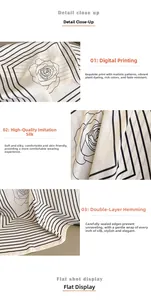 Detail of faux silk scarf featuring camellia print and digital printing on black white stripes