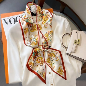 Écharpe Étroite À Fleurs Faux Satin Long Ruban Cravate Pour Sac Cheveux Foulard Mode Rétro Pour Femmes