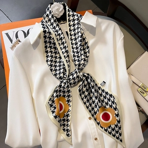 Houndstooth Pattern Imitation Satin Long Skinny Scarf For Women Floral Print Headband Handbag Ribbon Neck Tie Fashion Wrap