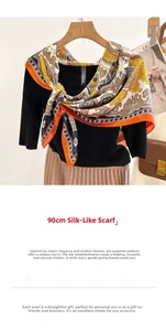 Detail of 90cm faux silk square scarf with orange and navy paisley print on black outfit