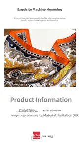 Detail view of a 90x90cm orange faux silk scarf featuring vintage paisley patterns