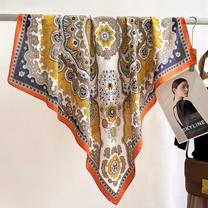 Elegant 90cm square silk scarf with orange borders and vintage paisley patterns