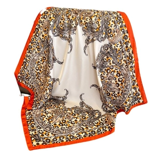 Elegant 70cm silk-like square scarf featuring leopard and baroque patterns with orange borders