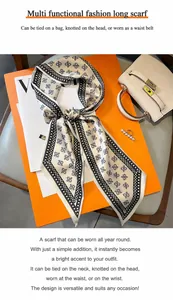 Detailed view of 15x150cm faux silk skinny scarf with bow prints on a gift box