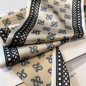Detail of silk-like champagne scarf featuring paisley patterns and geometric borders