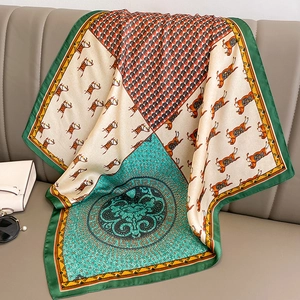 Vintage horse print square silk scarf with houndstooth pattern and elegant green border