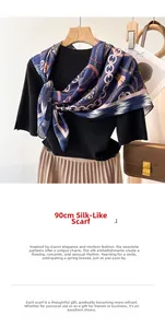 Detail of 90cm silk-like square scarf featuring elegant chain and tassel patterns