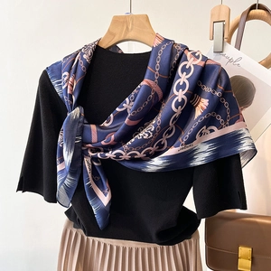 Women Fashion Square Scarf Elegant Faux Satin Chain Tassel Print Navy Blue Soft Neck Head Wrap For OL Style