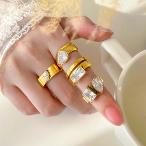 Women 18K Gold Plated Stainless Steel Ring Cubic Zirconia Teardrop Square Marquise Geometric Jewelry