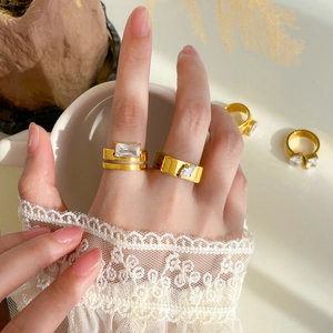 Elegant 18K gold-plated double-layer ring set with water drop and square zircon stones