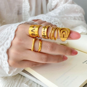 Fashion 18K Gold Plated Stainless Steel Rings For Women Hollow LOVE Heart Geometric Layered Open Band Rings Jewelry