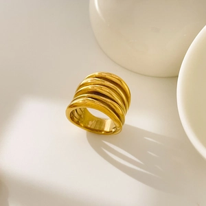 Detailed view of the layered 18K gold plated titanium steel ring with polished finish