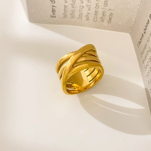 Detailed view of 18K gold plated multi-layer crisscross ring with high-polished finish