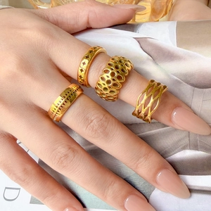 Geometric Hollow Out Ring Titanium Steel 18K Gold Plated Honeycomb Triangle Rhombus Wave Mesh Minimalist Jewelry For Women