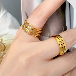 Macro shot of 18K gold plated hollow mesh and triangle patterned geometric rings