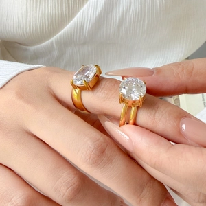 Double-layer 18K gold plated rings with large oval and round zircon stones on hand